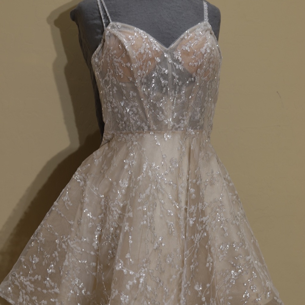 JVN embellished fit and flare spaghetti strap dress in ivory size 8